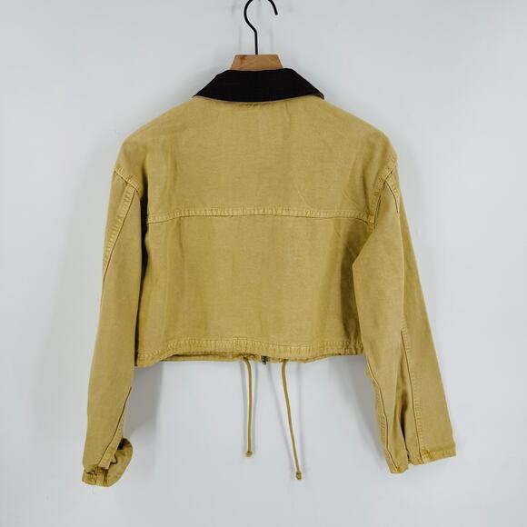 Zara Cropped Utility Barn Jacket Tan Corduroy Contrast Collar Drawstring Hem XS - Picture 2 of 7